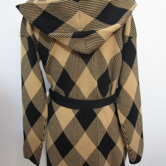 NWT Hooded Wrap Cardigan Sweater Diamond Plaid Check Camel Black - Picture 3 of 11